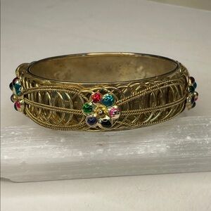 Vintage Gold Tone Bangle Braided Design Multicolor Enamel Accents Bracelet